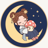 The Sleepy Immortal logo: a girl asleep on a crescent moon, hugging a mushroom